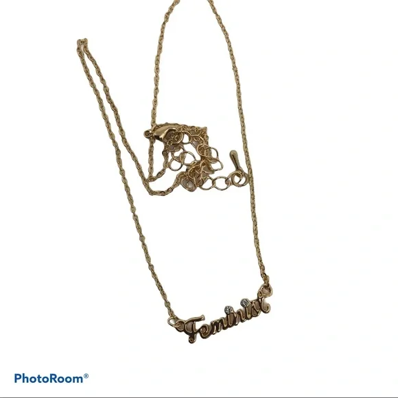 Small Gold tone w Rhinestones Feminist Necklace - Picture 7 of 8